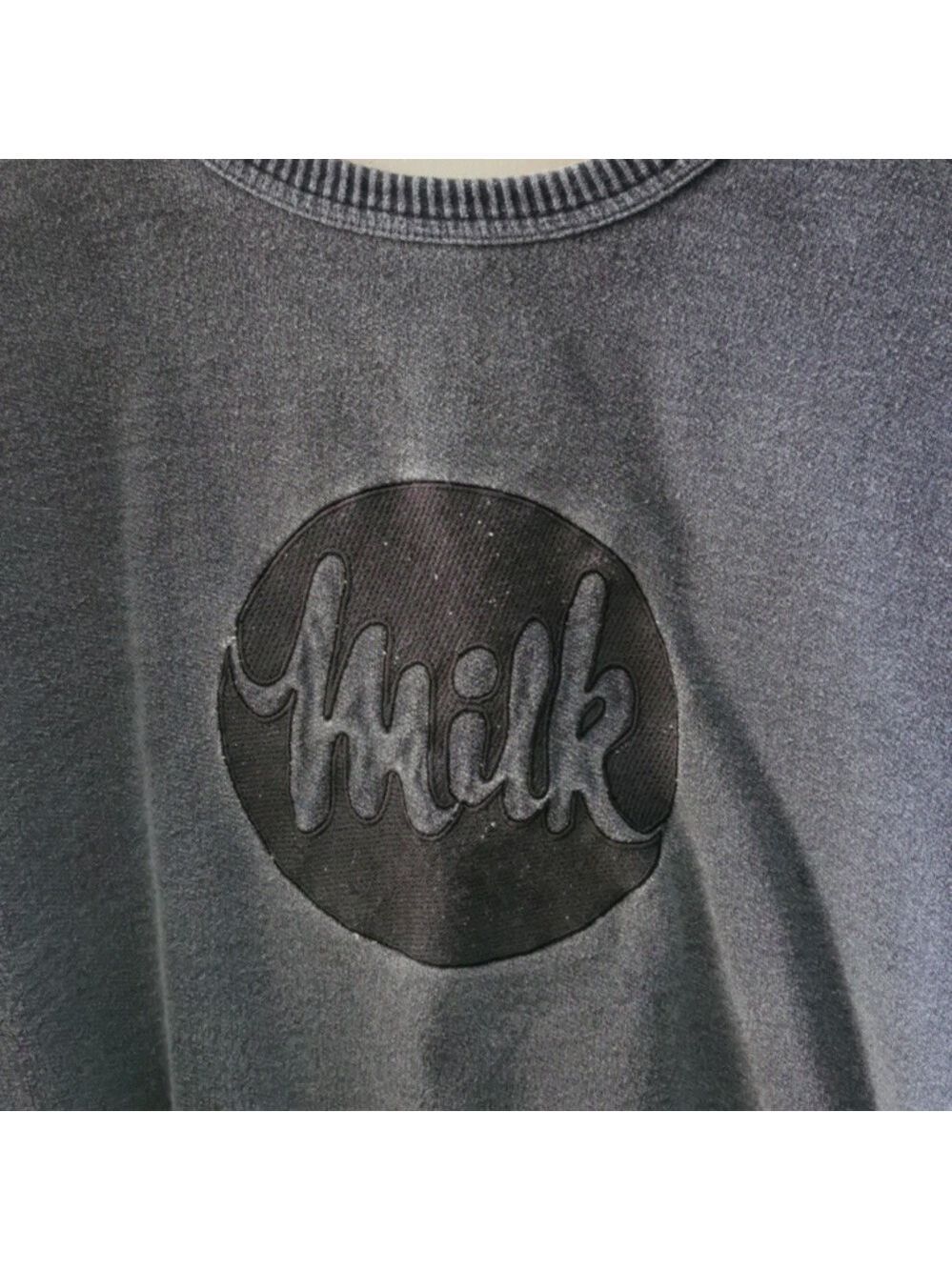 Men's Vintage Non-fiction Milk novelty sweater. Slate blue. 80s. Size small. EUC - Picture 2 of 4